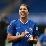 Sam Kerr of Chelsea acknowlegdes the fans following the Barclays Women's Super League match between Chelsea FC and Manchester United at Stamford Bridge on May 16, 2026 in London, England.