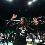 Jonquel Jones #35 of the New York Liberty celebrates after the game against the Indiana Fever on June 6, 2026 at Barclays Center Arena in Brooklyn, New York ahead of the Liberty vs Dream Commissioner's Cup game.