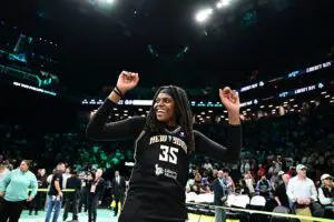 Jonquel Jones #35 of the New York Liberty celebrates after the game against the Indiana Fever on June 6, 2026 at Barclays Center Arena in Brooklyn, New York ahead of the Liberty vs Dream Commissioner's Cup game.