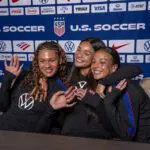 Trinity Rodman, Sophia Wilson and Mallory Swanson of the United States talk to the media during a zoom press conference at the team hotel on June 3, 2026 in Sao Paulo, Brazil.