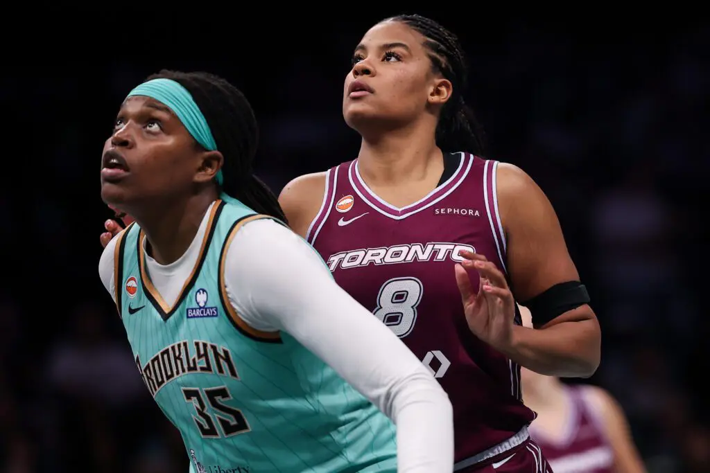Jonquel Jones #35 of the New York Liberty attempts to box out Nyara Sabally #8 of the Toronto Tempo during the first half of the WNBA game at Barclays Center on June 03, 2026 in New York City.