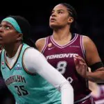 Jonquel Jones #35 of the New York Liberty attempts to box out Nyara Sabally #8 of the Toronto Tempo during the first half of the WNBA game at Barclays Center on June 03, 2026 in New York City.