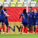 Melvine Malard of France celebrates scoring her team's first goal with teammates during the FIFA Women's World Cup 2027 Qualifiers match between Poland and France at Gdansk Stadium on June 05, 2026 in Gdansk, Poland.