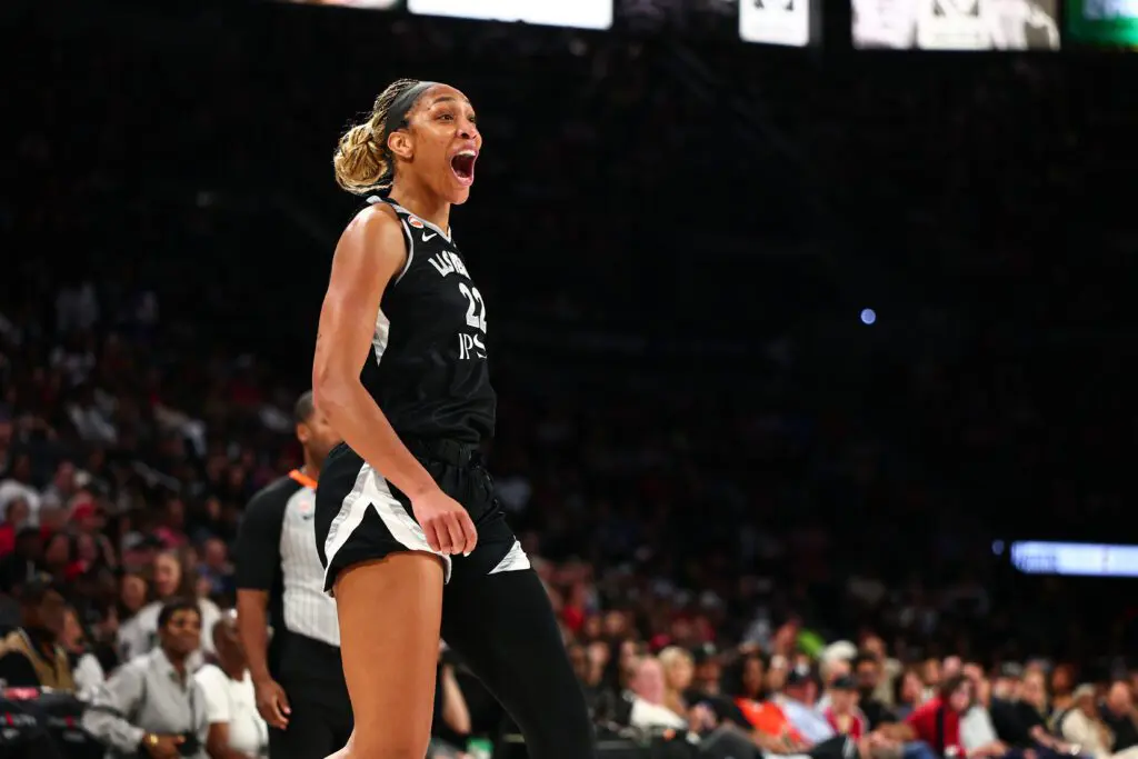 A'ja Wilson #22 of the Las Vegas Aces celebrates during the game against the Seattle Storm on June 8, 2026 at Michelob ULTRA Arena in Las Vegas, Nevada.
