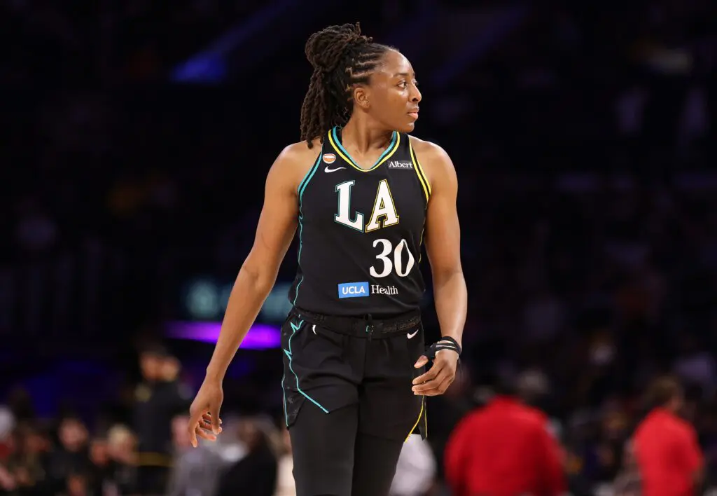 Nneka Ogwumike #30 of the Los Angeles Sparks looks on against the Dallas Wings at Crypto.com Arena on June 05, 2026 in Los Angeles.