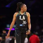 Nneka Ogwumike #30 of the Los Angeles Sparks looks on against the Dallas Wings at Crypto.com Arena on June 05, 2026 in Los Angeles.