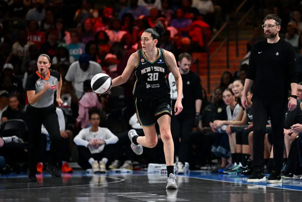 Breanna Stewart #30 of the New York Liberty handles the ball during the game against the Atlanta Dream during the 2026 WNBA Commissioner's Cup on June 11, 2026 at Gateway Center Arena.