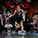 Breanna Stewart #30 of the New York Liberty handles the ball during the game against the Atlanta Dream during the 2026 WNBA Commissioner's Cup on June 11, 2026 at Gateway Center Arena.