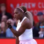Serena Williams of the United States celebrates a point with Victoria Mboko of Canada (out of frame) against Nicole Melichar-Martinez of the United States and Erin Routliffe of New Zealand during the Women's Doubles first round match on Day Two of the HSBC Championships at The Queen's Club on June 09, 2026 in London, England.