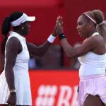 Serena Williams of the United States and Victoria Mboko of Canada celebrate a point against Nicole Melichar-Martinez of the United States and Erin Routliffe of New Zealand during the Women's Doubles first round match on Day Two of the HSBC Championships at The Queen's Club on June 09, 2026 in London, England.