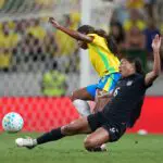 Ludmila of Brazil competes for the ball with Kennedy Wesley of United States during the international friendly match between Brazil and United States at Arena Castelão on June 09, 2026 in Fortaleza, Brazil.