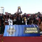 The Georgia Bulldogs celebrate with the NCAA Trophy after being crowned women's team champions during the Division I Men’s and Women’s Track and Field Championship held at Hayward Field on June 13, 2026 in Eugene, Oregon.