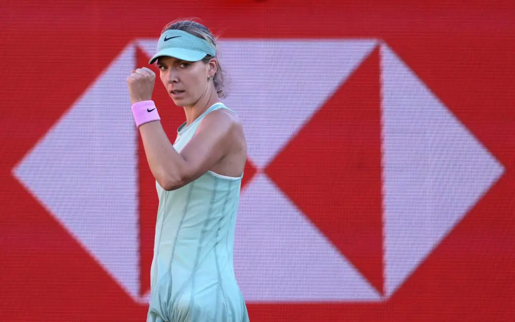 Katie Boulter of Great Britain celebrates a point against Elena Rybakina of Kazakhstan during the Women's Singles quarterfinal match on Day Five of the HSBC Championships at The Queen's Club.