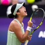 Alexandra Eala of the Philippines reacts to defeating Elena Rybakina of Kazakhstan in the second round on Day Four of the 2026 Berlin Tennis Open at LTTC Rot-Weiß e.V. on June 18, 2026 in Berlin, Germany.
