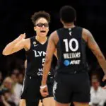 Olivia Miles #5 of the Minnesota Lynx reacts against the Portland Fire in the third quarter at Target Center on June 15, 2026 in Minneapolis, Minnesota. The Lynx defeated the Fire 107-74 ahead of tonight's WNBA Commissioner's Cup finale.