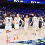 The Dallas Wings celebrate after the game against the Chicago Sky on June 20, 2026 at the College Park Center in Arlington, TX in the Wings vs Sky matchup.