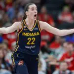 Caitlin Clark #22 of the Indiana Fever reacts during the second half against the Phoenix Mercury at Gainbridge.