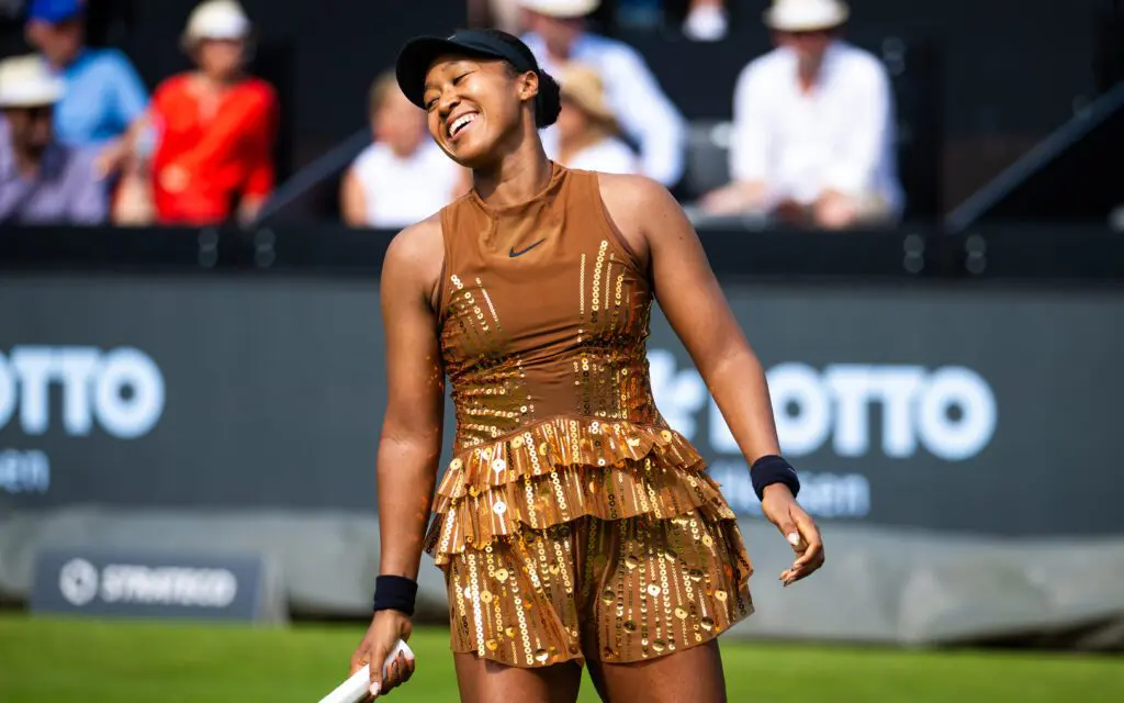 Naomi Osaka of Japan in action against Elise Mertens of Belgium in the second round on Day Three of the Bad Homburg Open on June 23, 2026 in Bad Homburg, Germany.