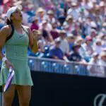 Madison Keys competes during her Round of 32 match against Talia Gibson at the 2026 Lexus Eastbourne Open Women's tennis tournament at the Devonshire Park Lawn Tennis Club.