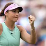 Tatjana Maria of Germany celebrates a point against Jelena Ostapenko of Latvia during the Women's Singles Semi-final match on centre court on day five of the Lexus Eastbourne