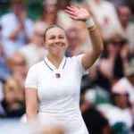 Amanda Anisimova of the United States celebrates following her Ladies' Singles match against Lina Gjorcheska of North Macedonia on day two of the 2026 Wimbledon Championships.