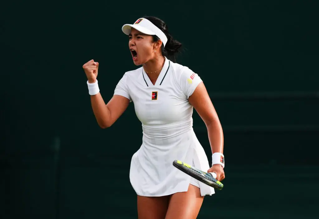 Alexandra Eala of the Philippines celebrates following her Ladies' Singles match against Renata Zarazua of Mexico on day two of the 2026 Wimbledon Championships at the All England Lawn Tennis and Croquet Club, London.