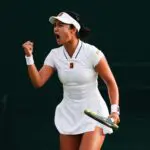 Alexandra Eala of the Philippines celebrates following her Ladies' Singles match against Renata Zarazua of Mexico on day two of the 2026 Wimbledon Championships at the All England Lawn Tennis and Croquet Club, London.