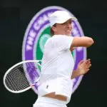 Iga Swiatek of Poland plays a forehand during a training session before The Championships Wimbledon 2026 at All England Lawn Tennis and Croquet Club on June 27, 2026 in London, England ahead of a potential third-round match with Serena Williams.