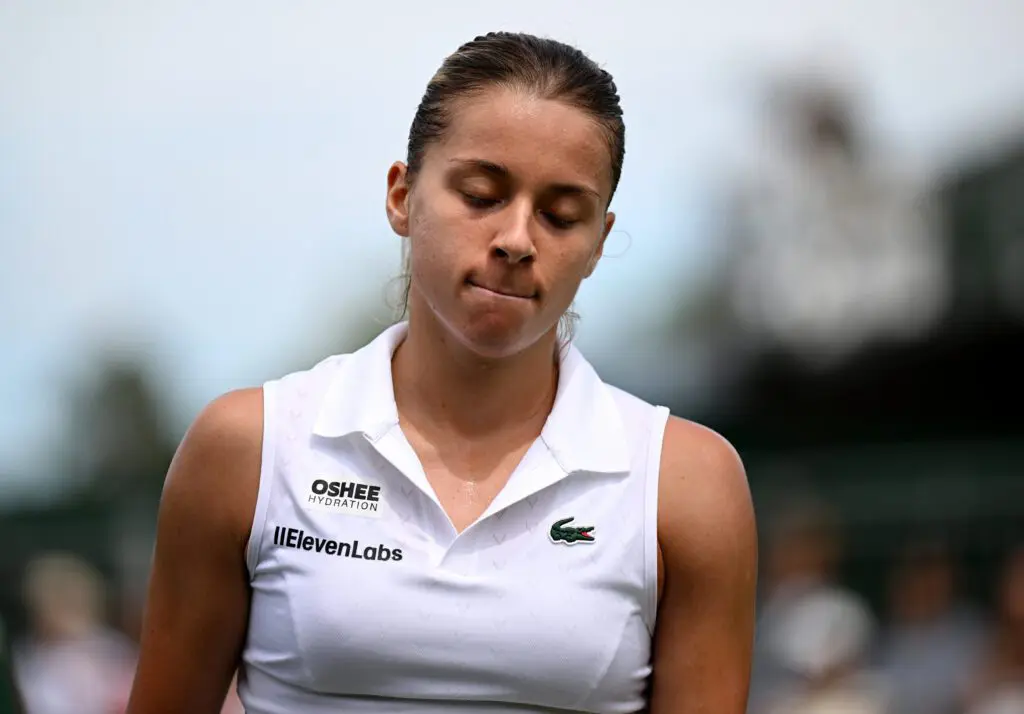 Maja Chwalińska of Poland reacts against Mananchaya Sawangkaew of Thailand during the Ladies' Singles first round match on day one of The Championships Wimbledon 2026.