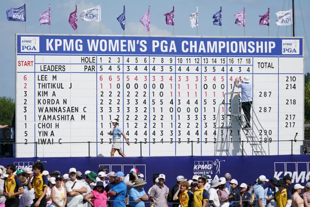 A general view of the scoreboard during the final round of the KPMG Women's PGA Championship.