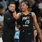 Phoenix Mercury forward Alyssa Thomas (25) talks to her had coach Nate Tibbetts after receiving a technical foul against the Atlanta Dream.