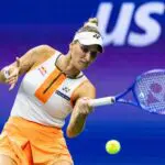 Marketa Vondrousova of Czech Republic in action against Elena Rybakina of Kazakhstan in the fourth round of the women’s singles at the US Open at Arthur Ashe Stadium in Billie Jean King National Tennis Center.