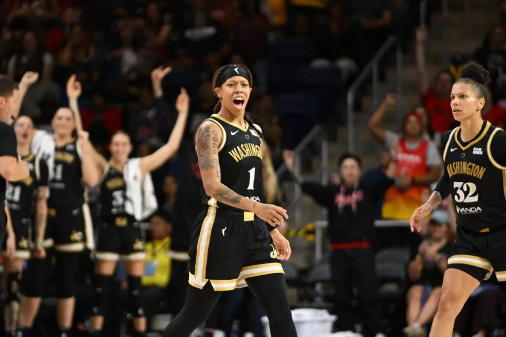 Washington Mystics guard Sug Sutton (1) reacts after making a three-point basket against the Phoenix Mercury during the fourth quarter at CareFirst Arena.