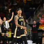 Washington Mystics guard Sug Sutton (1) reacts after making a three-point basket against the Phoenix Mercury during the fourth quarter at CareFirst Arena.