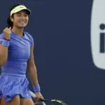 Alexandra Eala (PHI) celebrates after match point against Magda Linette (POL) (not pictured) on day five of the 2026 Miami Open at Hard Rock Stadium.