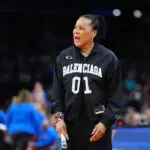 South Carolina Gamecocks head coach Dawn Staley looks on in the second half against the UCLA Bruins during the National Championship game of the women's 2026 NCAA Tournament at Mortgage Matchup Center.