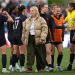 United States head coach Emma Hayes (center) walks on the pitch after defeating Japan at PayPal Park before the USWNT vs Brazil friendlies.