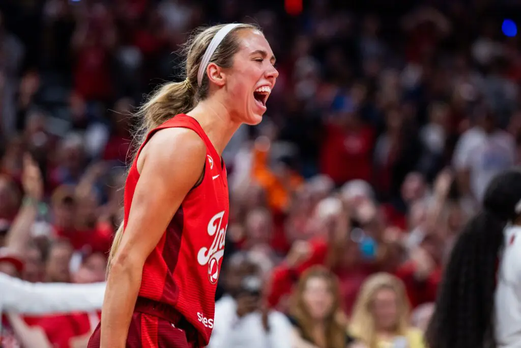 Indiana Fever guard Lexie Hull (10) celebrates a made shot in the second half against the Washington Mystics at Gainbridge Fieldhouse.