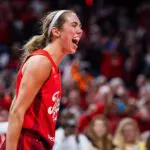 Indiana Fever guard Lexie Hull (10) celebrates a made shot in the second half against the Washington Mystics at Gainbridge Fieldhouse.