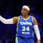 Dallas Wings guard Arike Ogunbowale (24) reacts after a play against the Washington Mystics during the first half at College Park Center.