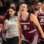 Toronto Tempo guard Marina Mabrey (3) celebrates a three point shot alongside head coach Sandy Brondello against the Phoenix Mercury in the second half at Mortgage Matchup Center.