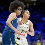 Minnesota Lynx guard Olivia Miles (5) and Dallas Wings guard Azzi Fudd (35) look on during the game between the Wings and the Lynx at College Park Center before the Lynx vs Wings WNBA Commissioner's Cup game.