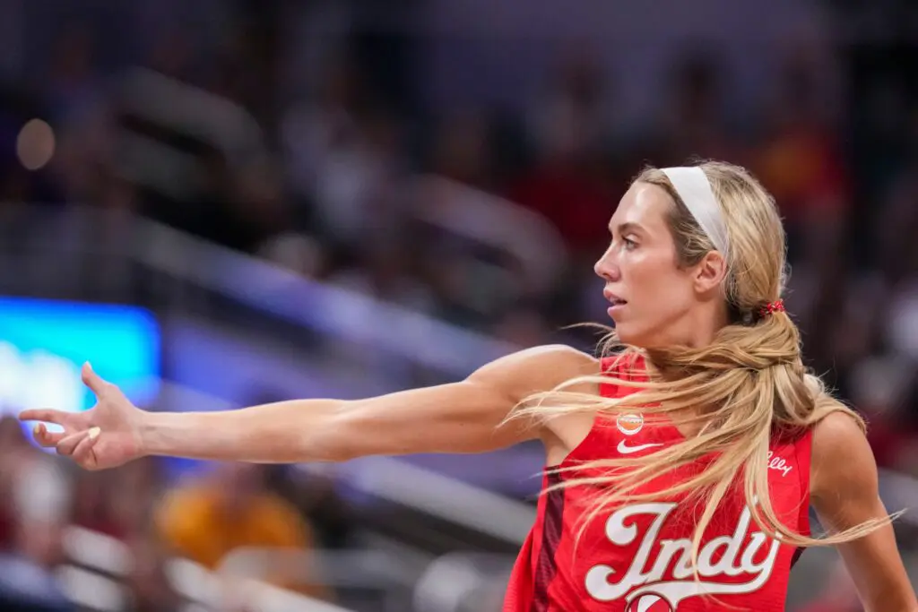 Indiana Fever guard Lexie Hull (10) celebrates after scoring Friday, May 22, 2026, during a game at Gainbridge Fieldhouse in Indianapolis. The Indiana Fever defeated the Golden State Valkyries, 90-82.