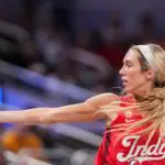 Indiana Fever guard Lexie Hull (10) celebrates after scoring Friday, May 22, 2026, during a game at Gainbridge Fieldhouse in Indianapolis. The Indiana Fever defeated the Golden State Valkyries, 90-82.