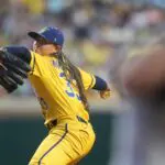 Future WPBL star Kelsie Whitmore (33) of the Savannah Bananas pitches against the Texas Tailgaters in a Banana Ball game at Neyland Stadium on May 23, 2026, in Knoxville, Tennessee.