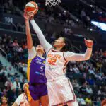 Connecticut Sun center Brittney Griner (42) defends against Los Angeles Sparks forward Dearica Hamby (5) in the first half at PeoplesBank Arena.