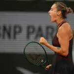 Aryna Sabalenka reacts during her Sabalenka vs Osaka match against Naomi Osaka of Japan on day nine at Stade Roland Garros at the 2026 French Open.