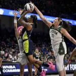 Seattle Storm center Stefanie Dolson (31) blocks a shot by Dallas Wings guard Aziaha James (10) during the second half at College Park Center during the 2026 WNBA Commissioner's Cup.