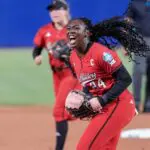 Texas Tech pitcher Nijaree Canady (24) celebrates getting a strikeout in the first inning of the second softball game between Texas Tech and Alabama at the Women‚Äôs College World Series at Devon Park in Oklahoma City, on Monday, June 1, 2026.