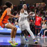 Atlanta Dream guard Rhyne Howard (10) drives to the basket against the Connecticut Sun.